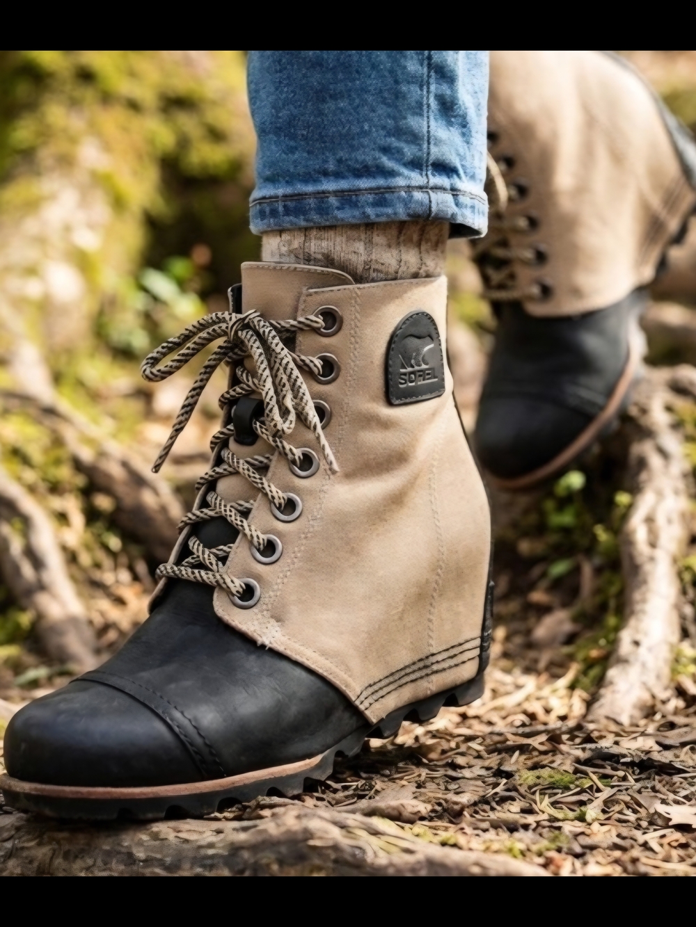Sorel Beige and Black Lace-Up Wedge Boots